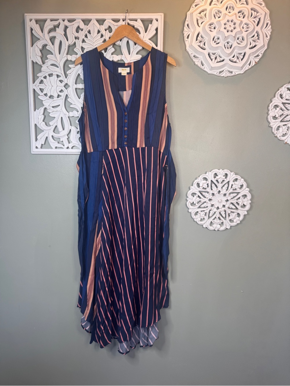 Maeve Anthropologie Navy & Pink Striped Sleeveless Midi Dress, Asymetrical XL